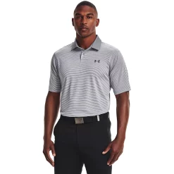Men's Under Armour Striped Classic-Fit Performance Golf Polo -Cheap Mens Casual Outdoor Clothing Store 4526407 Steel