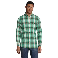Men's Lands' End Traditional-Fit Comfort-First Lightweight Plaid Flannel Button-Down Shirt -Cheap Mens Casual Outdoor Clothing Store 4562701 Emerald Gulf Plaid