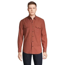 Men's Lands' End Traditional-Fit Comfort-First Lightweight Plaid Flannel Button-Down Shirt -Cheap Mens Casual Outdoor Clothing Store 4562701 Orange Herringbone