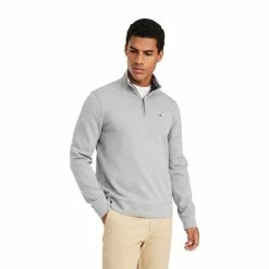 Men's Tommy Hilfiger Logo Quarter-Zip Top -Cheap Mens Casual Outdoor Clothing Store 5090444 Grey Heather