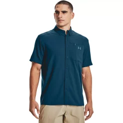 Men's Under Armour Drift Tide 2.0 Fitted Performance Button-Down Shirt -Cheap Mens Casual Outdoor Clothing Store 5185858 Deep Sea
