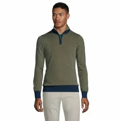 Men's Lands' End Fine Gauge Supima Quarter Zip Sweater -Cheap Mens Casual Outdoor Clothing Store 5240180 Olive Herringbone