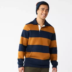 Men's Sonoma Goods For Life® Striped Fleece Rugby Pullover -Cheap Mens Casual Outdoor Clothing Store 5589033 Blue Brown Stripe