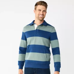 Men's Sonoma Goods For Life® Striped Fleece Rugby Pullover -Cheap Mens Casual Outdoor Clothing Store 5589033 Green Blue Stripe