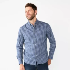 Men's Sonoma Goods For Life® Perfect-Length Button-Down Shirt -Cheap Mens Casual Outdoor Clothing Store 5642085 Gray Gingham