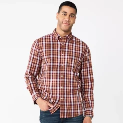 Men's Sonoma Goods For Life® Perfect-Length Button-Down Shirt -Cheap Mens Casual Outdoor Clothing Store 5642085 Orange Plaid