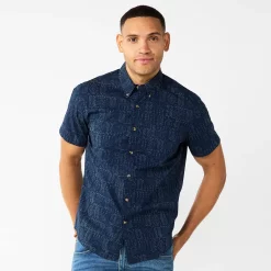 Men's Sonoma Goods For Life® Perfect-Length Button-Down Shirt -Cheap Mens Casual Outdoor Clothing Store 5690253 Navy Block Print