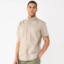 Men's Sonoma Goods For Life® Short Sleeve Perfect Length Button Down Shirt -Cheap Mens Casual Outdoor Clothing Store 5806004 Beige Oxford