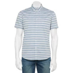 Men's Sonoma Goods For Life® Short Sleeve Perfect Length Button Down Shirt -Cheap Mens Casual Outdoor Clothing Store 5806004 Blue Heather Stripe